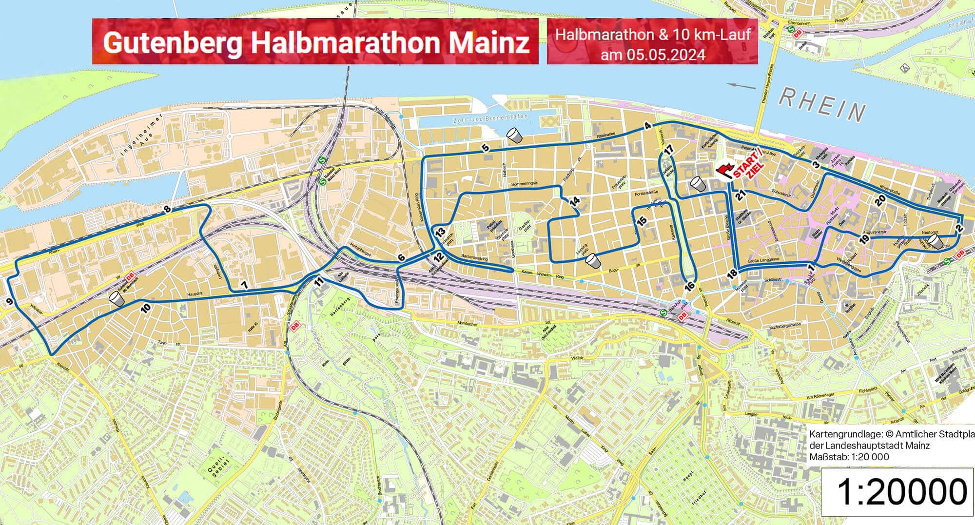 Laufstrecke Gutenberg Halbmarathon Mainz am 05.05.2024